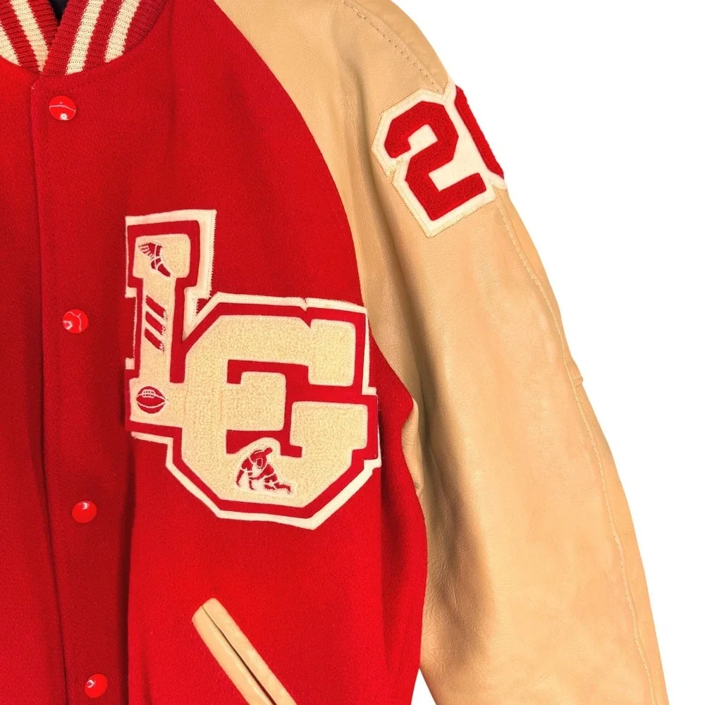 Vintage‎ Diamond Sports Tom Crowl Letterman Jacket Red Wool Tan Leather Size 44